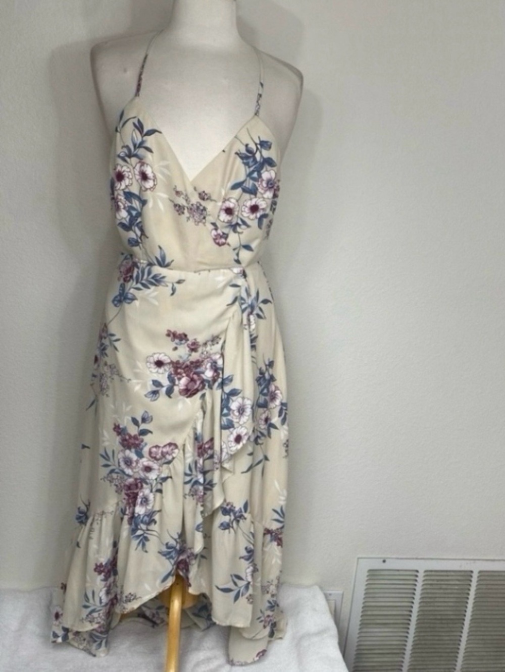 Lulus Women Cream Teal Floral Halter Faux Wrap Ruffle High Low Dress Boho Size M
